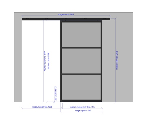 1067 droite porte coulissante ouverte - 3 verres horizontaux largeur 1067 916514385