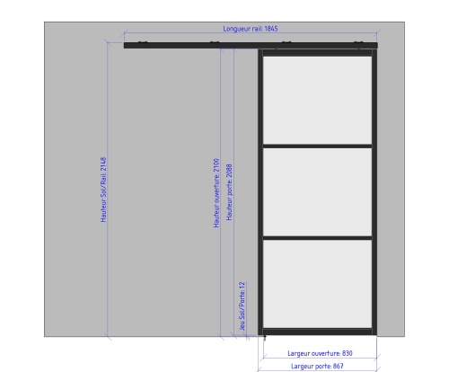 867 gauche porte coulissante ferme - 3 verres horizontaux largeur 867 1721396020