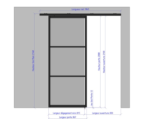 867 gauche porte coulissante ouverte - 3 verres horizontaux largeur 867