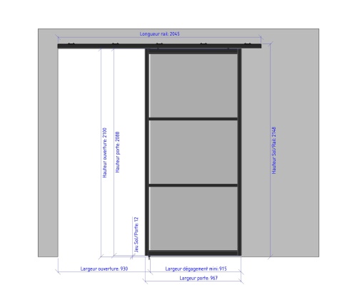 967 droite porte coulissante ouverte - 3 verres horizontaux largeur 967 688711666