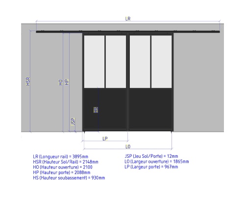 double porte coulissante ferme - 2 verres  soubassement 2xlargeur 967 1612277599