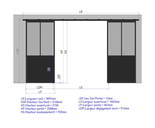 double porte coulissante ouverte - 2 verres  soubassement 2xlargeur 967