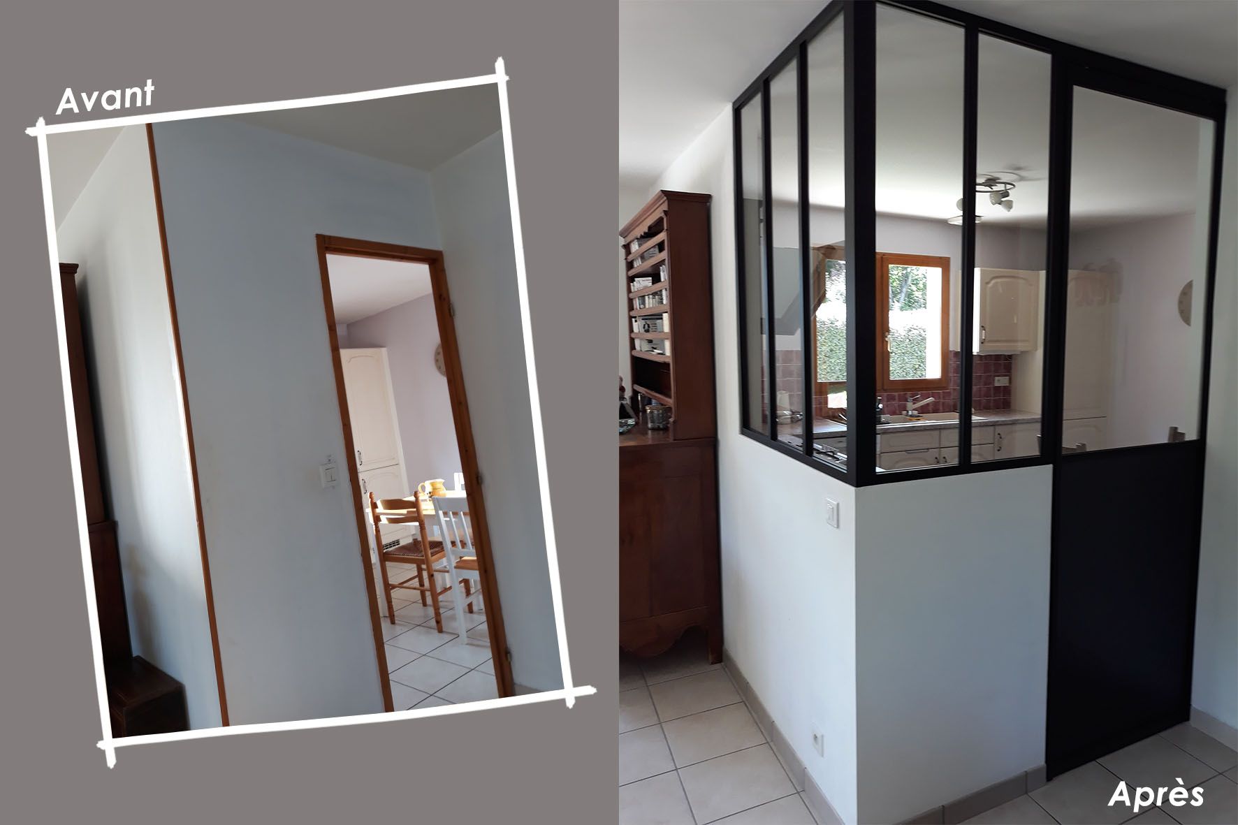 Avant/après : Pose d'une verrière d'angle avec porte battante entre séjour et cuisine